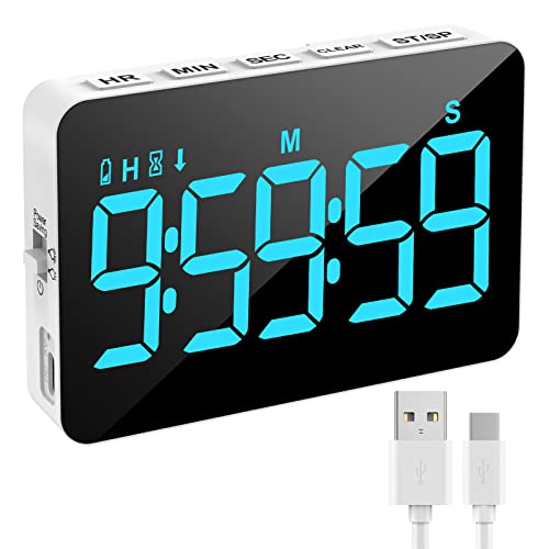 XREXS Küchentimer Digital, Digitaler Kochtimer, Count Up/Down Timer mit 5 inch LED-Display, einstellbare Helligkeit und Lautstärke, magnetischer Timer für Küche/Meeting/Klasse Blau