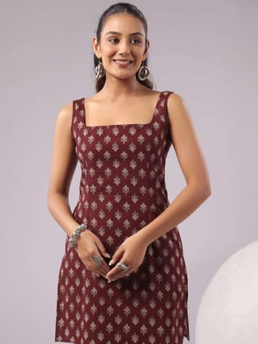 Image of Rimeline Women's Printed Cotton Sleeveless Square Neck Kurti Top | Straight Fit Ethnic Casual Tunic