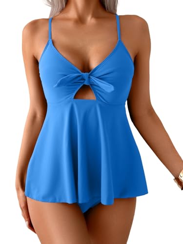 Image of Eomenie Two Piece Tankini Swimsuits for Women Tummy Control Cutout Bathing Suit Tie Knot Flowy Swim Dress with Bottom