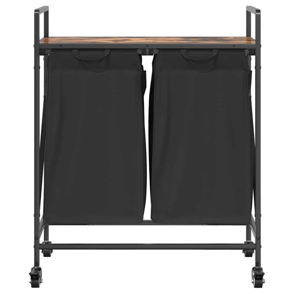 Wäschekorb mit 2 Fächern, Rollen, Räuchereiche, sortierer, platzsparend, mit Deckel, faltbar, für Bad, Schlafzimmer, Waschküche, Kinderzimmer, Haushalt, mit Griff und Trennsystem