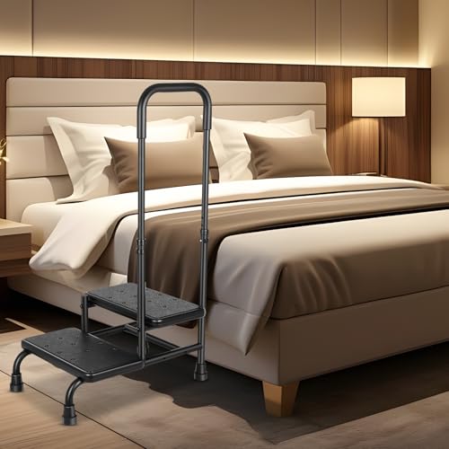 2 Step Stool with Handle for Elderly with Slip Resistant Step and Non-Skid Feet, Adjustable Handrail Step Stool with Welded Bottom for Adults for High Beds, Car, Bathtub