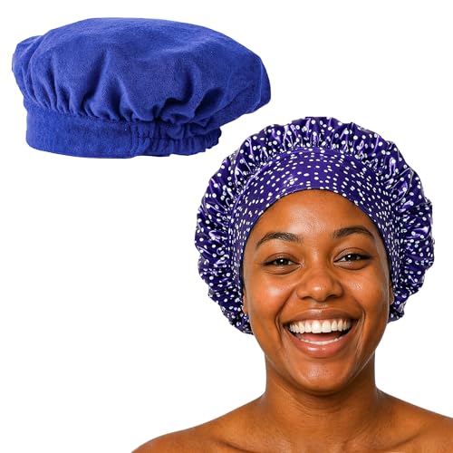 TIARA Reversible, Reusable, Waterproof Shower Cap – Large Shower Cap for Long. Short, Braided, or Thick Hair, Reversible Deep Conditioning Hair Cap, Soft Terry Lined, Machine Washable (Purple Dots)