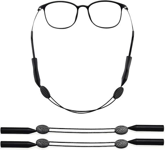2 pcs Adjustable Strap for Eyeglasses Sports Sunglasses Chain with Anti-slip Strap for Boys, Girls, Men and Women in Black
