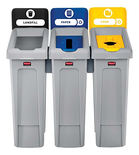 Image of Rubbermaid Commercial Products Slim Jim Recycling Station, 3 Stream Landfill /Paper /Bottles Cans