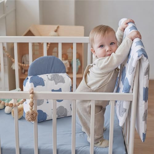 Image of Oudain 4 Piece Elephant Crib Bedding Set Baby Nursery Elephant Bedding with Crib Skirt Blanket Nursery Bed Sheet and Diaper Stacker Soft Neutral Infant Bed Set Standard Size for Boys Girls Shower Gift