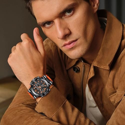 Image of LIGE Stylish Men's Watches Sports Outdoor Waterproof Military Watch Date Multi Function Tactics LED Alarm Orange Dial Stopwatch Analog Digital Orange Silicone Strap Wristwatch for Man