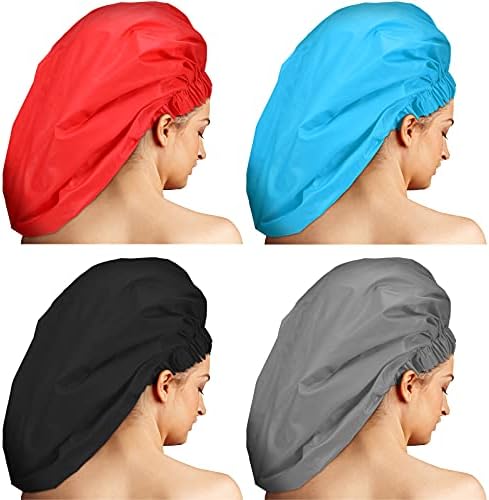 4 Pieces Jumbo Shower Caps for Braids, Extra Large Shower Caps, Long Shower Cap for Braids, Braid Bonnets Waterproof Hats Oversize Bath Caps for Women Girls (Black, Grey, Blue, Red,Blank Pattern)