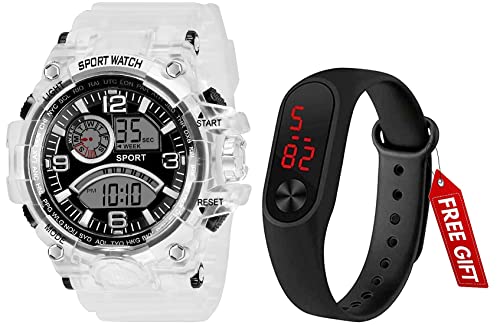 Acnos Polyurethane Premium Brand-A Digital Watch With Led Shockproof Multi-Functional Automatic Black Dial White Strap Waterproof Digital Sports Watch For Men's Kids Watch For Boys-Pack Of 2