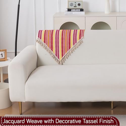 Image of HOKIPO 'Artisan Boho Series' Sofa Backrest Cover with Tassel | 450 GSM Thick Cotton Acrylic Jacquard Fabric Backrest Mat, Size 55x80 cm, Ruby Red (IN-900-A6)