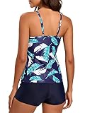 FLYILY Damskie 2-częściowe stroje kąpielowe tankini top z falbanką z nadrukiem z bokserkami plus size strój kąpielowy, XL