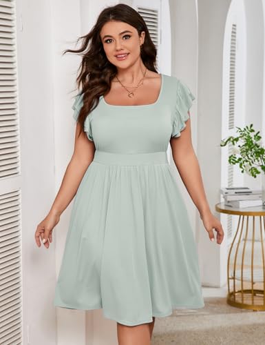 Image of ShopWonder Women Plus Size Midi Dress Short Ruffle Sleeves High Waist Casual Summer Dress with Pockets