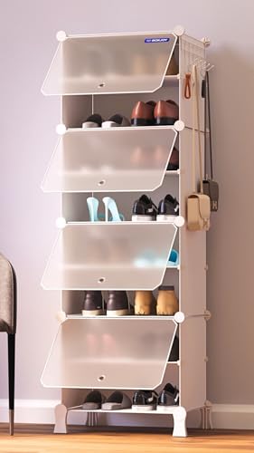 Image of BOXJOY 8 Shelf Shoe Rack with 4 Translucent Doors, 5 Hook Steel Holder & Wooden Hammer, Home Storage PP Plastic Organizer with Metal Door Frame to Cover Chappal Slipper Sandals Shoes Box Stand (White)