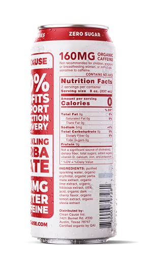 Clean Cause Zero Sugar Zero Calorie Cherry Lime Yerba Mate, Organic Energy Drink Alternative (16Oz Cans, 12-Pack Case) Zero Sugar, Keto Friendly, 160Mg Caffeine, Healthy Alternative To Soda & Energy Drinks. #TOP2