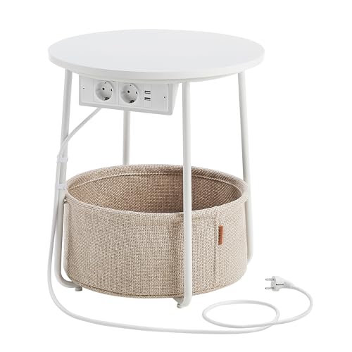 VASAGLE Beistelltisch rund, Kleiner Tisch, Couchtisch mit Steckdose, Wohnzimmertisch, Korb aus Stoff, Stauraum für Wohnzimmer Schlafzimmer,...