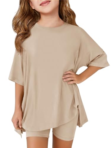 Haloumoning Girls Summer Outfits Casual Lounge Set Kids Oversized Side Split Shirts and Biker Shorts 2 Piece Clothing Sets