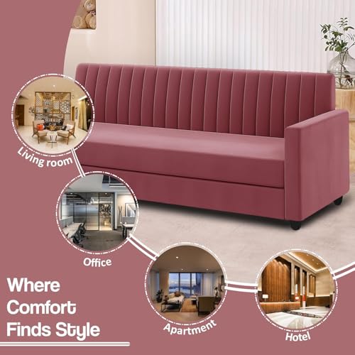 Image of 5-Seater Wooden Sofa Set (3+2) with Ottoman, Soft Velvet Upholstery, Elegant Space-Saving Design for Living Room, Home & Guest Room - Rose Pink