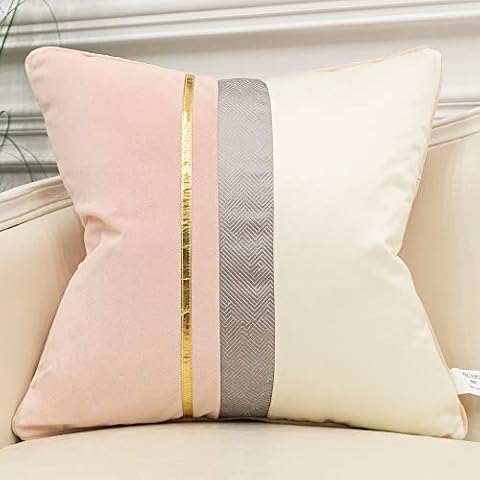 Avigers 20 x 20 Inches Pink White Gold Leather Striped Patchwork Velvet Cushion Case Luxury Modern Throw Pillow Cover Decorative Pillow for Couch Living Room Bedroom Car Cover