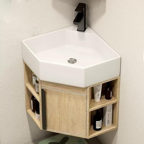 Lavabo de Montaje en Pared de Ahorro de Espacio con Almacenamiento, Lavabo de Porcelana para baños pequeños, fácil instalación de Accesorios Modernos con Estante