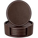 AUMISKY Leather Coasters for Drinks(6 Pack), Handmade Durable Drink Coasters Set with Holder for Tabletop Protection, Luxurious Home Décor and Housewarming Gift (Brown)