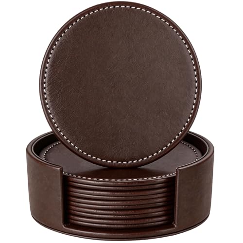 AUMISKY Leather Coasters for Drinks(6 Pack), Handmade Durable Drink Coasters Set with Holder for Tabletop Protection, Luxurious Home Décor and Housewarming Gift (Brown)