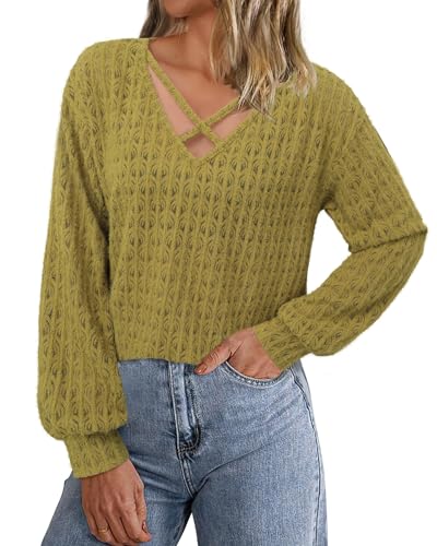 Image of Lotusmile Women's Soft Fuzzy Knit Hollow Out Lace Blouses Criss Cross V Neck Tops for Women Dressy Casual