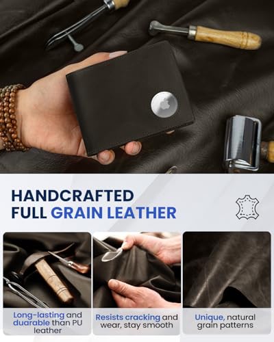 VMAN Airtag Wallet for Men - Full Grain Leather Bifold Wallet, Mens Wallet with Airtag Holder RFID Blocking with 2 ID Windows 2, 12 Card Holders Capacity Gift for Men(American Flag)4