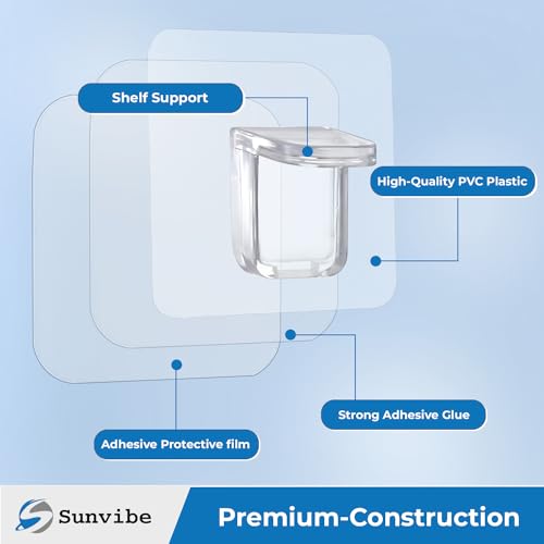 Image of SUNVIBE 6 Pieces Adhesive Partition Hook, No Drill Shelf Support Brackets Suitable for Kitchen Lockers, Wardrobes, Display Cabinets