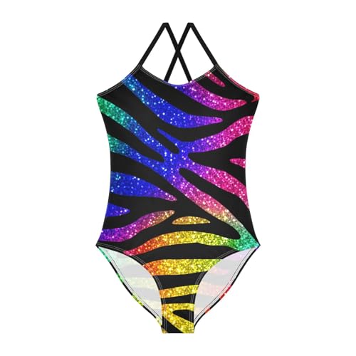 Rainbow Glitter Zebra Stripe Girls One Piece Swimsuit Beach Swimwear 20862058
