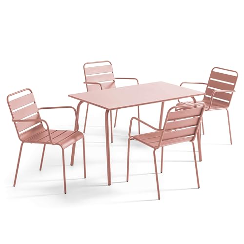 Oviala Ensemble Table de Jardin et 4 fauteuils en métal Rose poudré - Palavas
