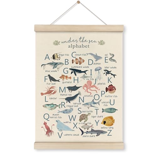 Image of HRQKO Ocean Alphabet Poster Hanger Frame, Ocean Nursery Decor, Sea Animal Wall Decor, ABC Poster Wall Art with Wooden Frames, Alphabet Banner Wall Hanging Decor for Classroom Kids Playroom,12x16 Inch