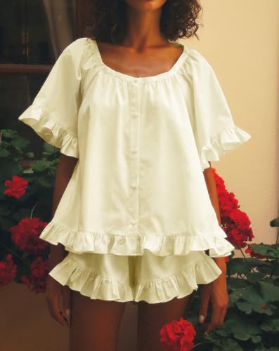 Image of Womens Fashion Summer Short Sets Short Sleeve Button Down Ruffle Trim Top and Shorts Cotton Pajama Sets