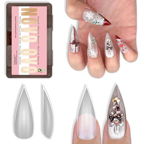 NOVO OVO Sharp Stiletto Pointed Medium Long Nail Tips Press on Soft Gel Double Matte Clear Fake Nail Extension Full Cover False Nails for Salon DIY x 16 Sizes 224 pcs