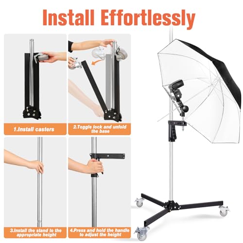 Heavy Duty Light Stand with Casters, Wheeled Photography Pistol Grip Stand with 2 Grips, 8.5FT Adjustable Steel Light Stand with 1/4" 3/8“ 5/8" Screw for Studio Camera, Monolight, Softbox, Umbrella by Lusweimi - Image 6