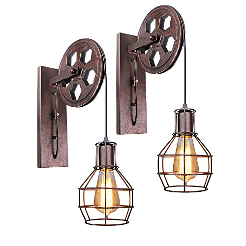 Applique Murale Industrielle Poulie Design Suspension Luminaire Vintage Métal en forme Cage Noir Rétro E27 Lampe de Mur Loft Corde Ajustable (Rouille rouge...