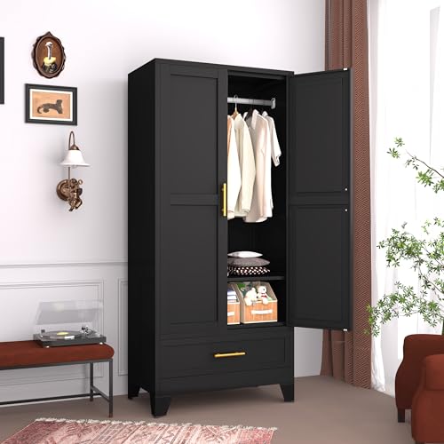 Image of GAIOUS Metal Armoire Wardrobe Closet Cabinet with 2 Doors and Drawer, 71 inch