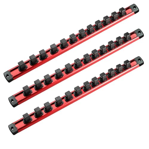ACEBON Lot de 3 Rails à Douilles Magnétiques en Aluminium, 40cm - avec 36 Clips Rotatifs Rouges pour 1/2