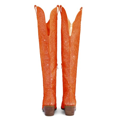 RKQ Women's Rhinestone Sparkly Cowboy Boots Western Glitter Pointed Toe Block mid Heel Over-the-Knee Cowgirl Boots4