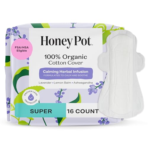 Image of Honey Pot - Calming Herbal Super Sanitary Pads for Women - 100% Organic Cotton Top Sheet - Feminine Care - Non Cooling - Calming Herbs of Lavender, Ashwagandha, & Lemon Balm - 16ct