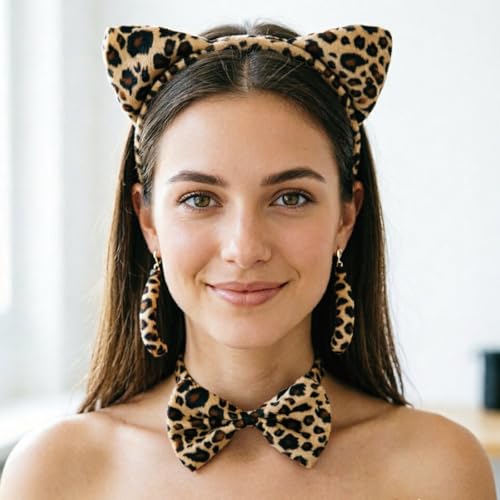 GiiBiiy Leopard Ears Headband, Cheetah Ear Headbands and Tail Bow Tie Face Stickers Set for Women Halloween Cosplay Costume Accessories — view 2