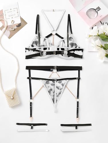Image of Lilosy Sexy Pu Leather Strappy Underwire Garter Belt Lingerie Set
