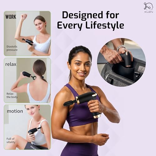 Image of KLEN Rechargeable Massage Gun For Pain Relief with 4 Interchangeable Heads Cordless Electric Handheld Percussion Massager Machine for Back, Neck, Shoulders, Legs and Muscle Recovery