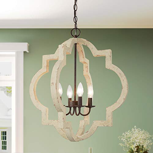 Up To 40% OFF LOG BARN Farmhouse Chandelier, Handmade Distressed White Large Wood Light Fixture for Dining Room, Bedroom, Foyer, Entryway and Living Room