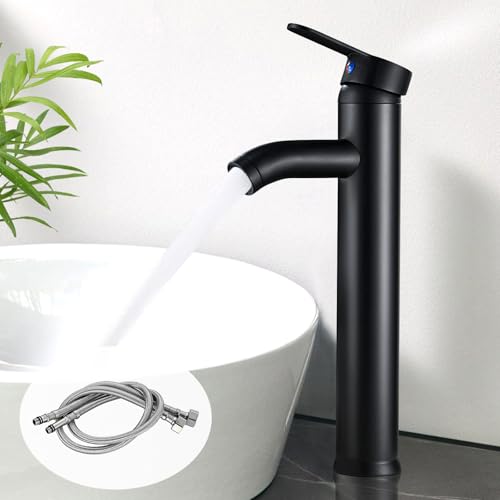 Grifo de baño negro, grifo de lavabo alto con 205 mm de altura de caño, monomando para agua caliente y fría, grifo para lavabo y lavabo, baño e inodoro de invitados