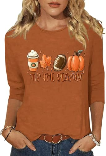 Woffccrd Womens Casual Halloween 3/4 Sleeve Crew Neck Tee Shirts Leopard Pumpkin Shirts Thanksgiving Fall Tops (XXL,25716 Brown)