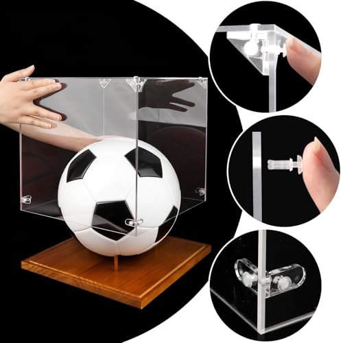 Image of Hooqict Soccer Ball Display Case Clear Acrylic 9 inch Full Size with Solid Wood Base UV Protected Soccer Ball Case Holder Display Stand Square Box for Sports Collections Autographed Ball Memorabilia Gifts