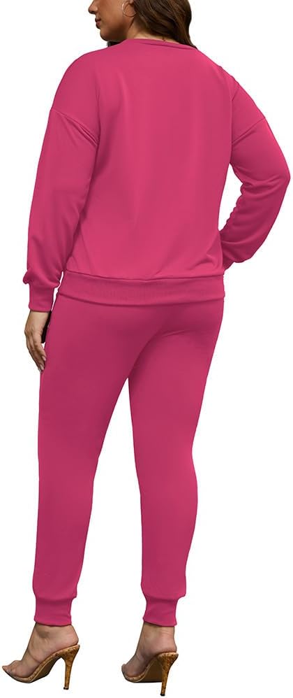 HBQ Plus Size Two Piece Outfits For Women Casual Round Neck Jogging Sets Long Sleeve Tracksuit With Pockets