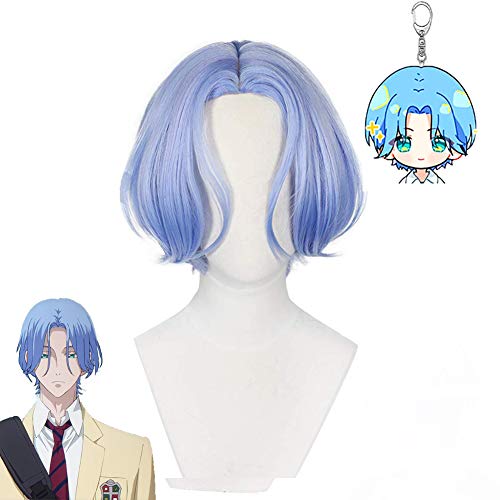 JIAJIAHONG Langa Wig,Anime SK8 the Infinity Wig Short Blue Curly Hair with Langa Keychain Pendant