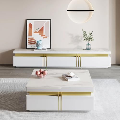 Image of Luxury Joyce Modern TV Unit /Console - 70 inch Naino Compsit Marble Top, 3 Drawer Storage - White & Gold Finish - Scratch Resistant, Waterproof Plywood - Living Room Media Cabinet (White)