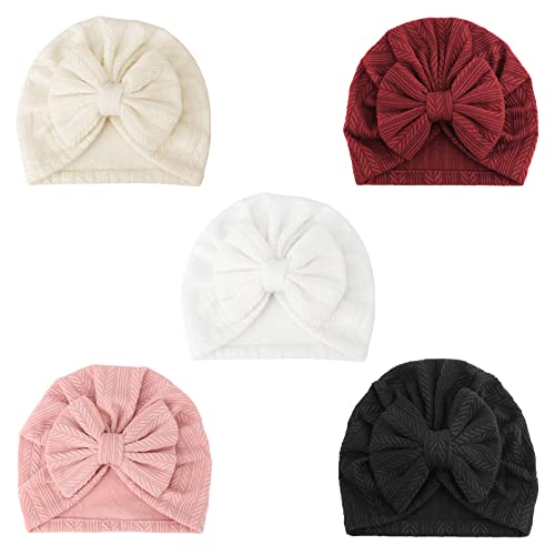 Image of DRESHOW BQUBO 5 Pieces Newborn Baby Turban Hats Bow Baby Infant Beanie Breathable Toddler Cap for Baby Girls
