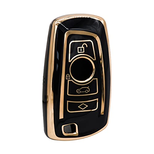 Image of KMH - TPU Gold Car Key Cover Compatible with BMW Push Button Smart Key with Key Chain BMW Series 1 3 4 5 6 7 and X3 X4 M5 M6 GT3 GT5 (Black)